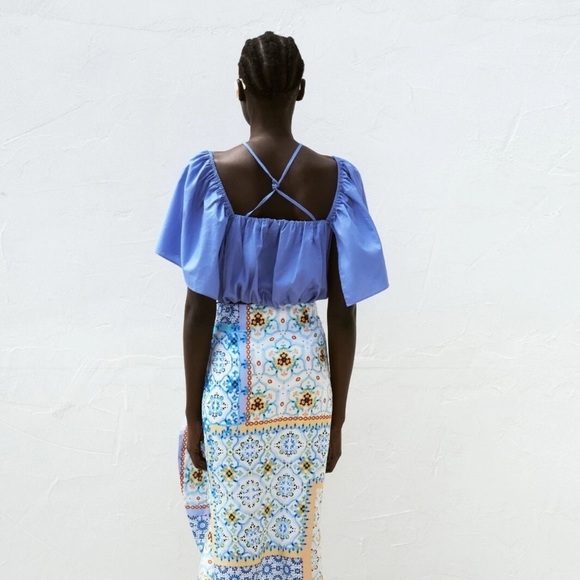 Zara Blue Ruched Ruffled Puff Crop Top - Picture 4 of 7